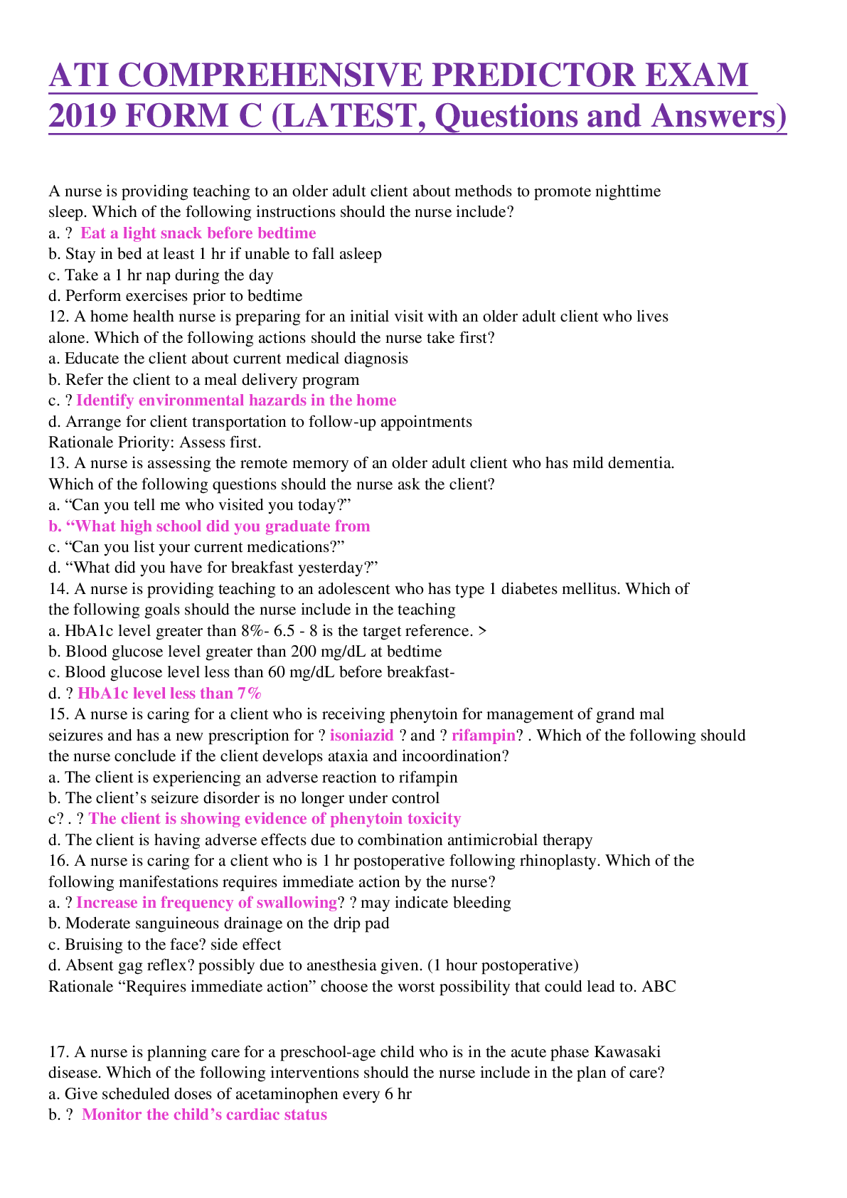 Preview of ATI COMPREHENSIVE PREDICTOR EXAM 2019 FORM C (LATEST, Questions and Answers)